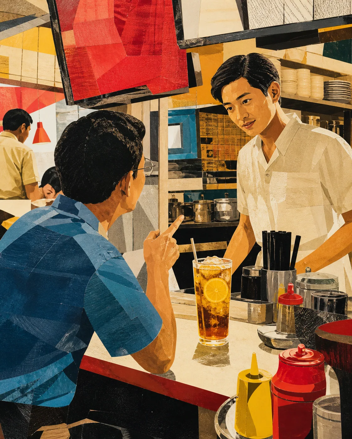 茶餐厅点冻柠茶的场景插画