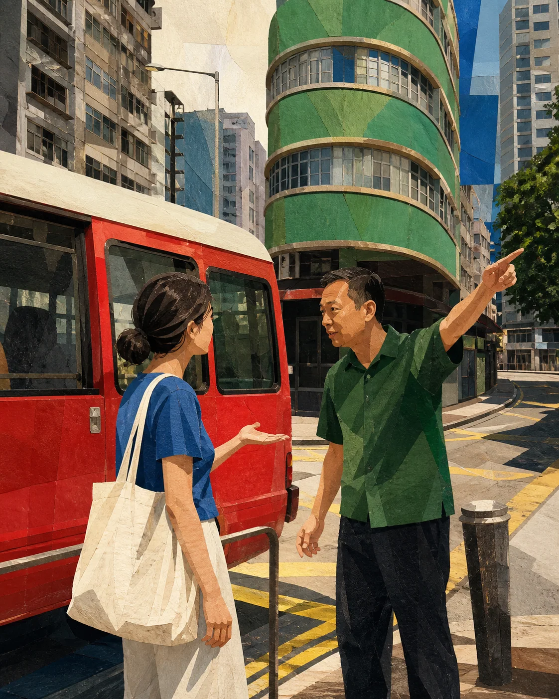 香港街头向路人问路的场景插画